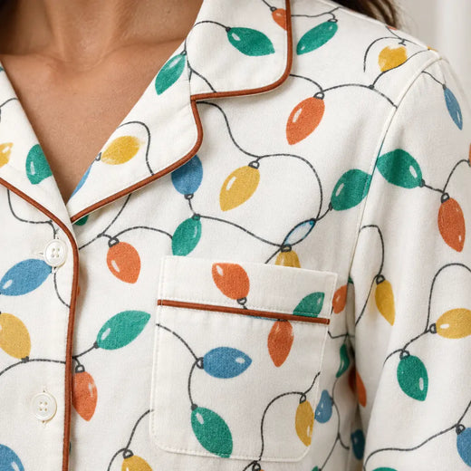 Christmas Pajamas - Women's Cotton Lapel Collar Button-Front Long Sleeve Set - Cream Lights