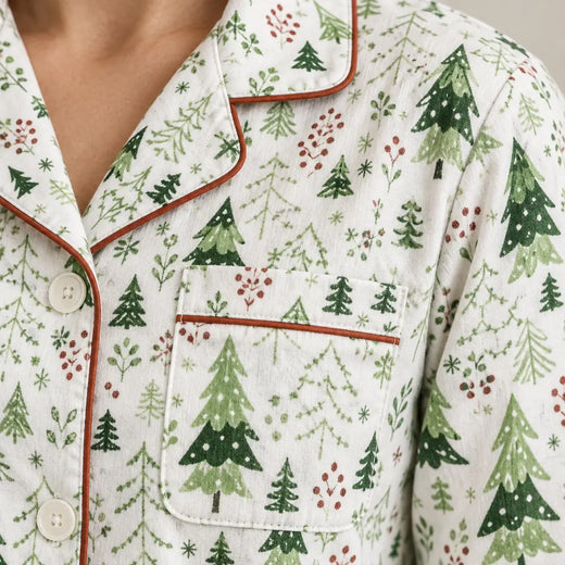 Christmas Pajamas - Women's Cotton Lapel Collar Button-Front Long Sleeve Set - White Trees