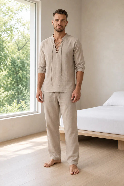 Men's Linen Set - Lace-Up V Neck Long Sleeve Top & Drawstring Pants - Khaki