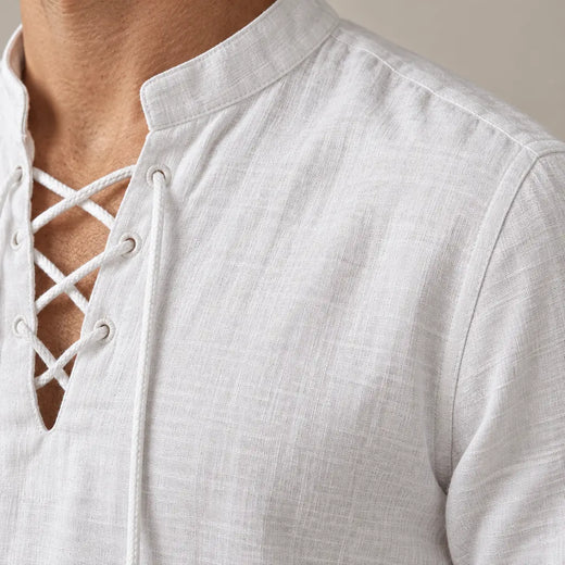 Men's Linen Set - Lace-Up V Neck Long Sleeve Top & Drawstring Pants - White