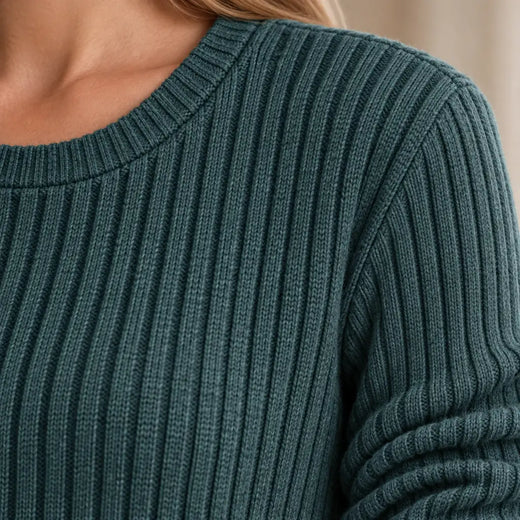 Sweater Set - Women's Ribbed Knit Crew Neck Long Sleeve Top & Pants - Army Green