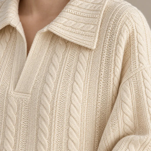 Sweater Set - Women's Cable Knit Collared Pullover & Wide Leg Pants - Beige