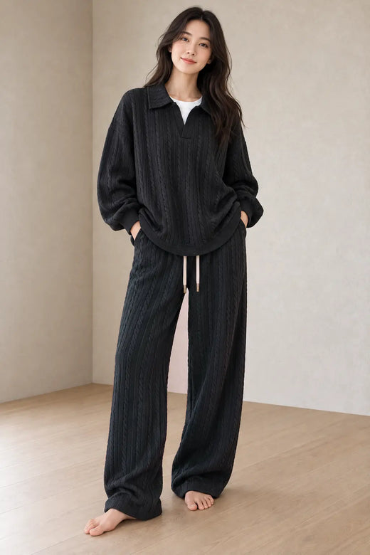 Sweater Set - Women's Cable Knit Collared Pullover & Wide Leg Pants - Black