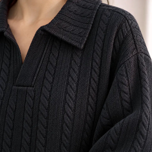 Sweater Set - Women's Cable Knit Collared Pullover & Wide Leg Pants - Black