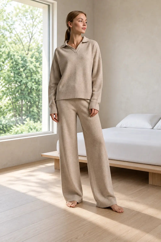 Sweater Set - Women's Polo Collar Knit Sweater & Wide Leg Pants - Cream