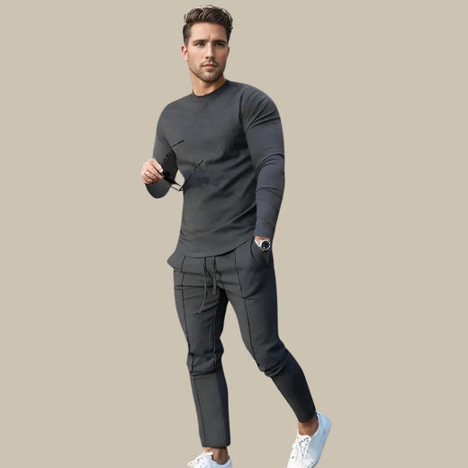Men's Crew Neck Lounge Set - Long Sleeve Top & Jogger Pants - Charcoal