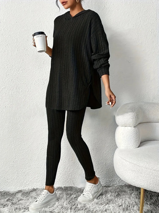 Women's Ribbed Hoodie Lounge Set - Longline Hooded Top & Leggings - Black
