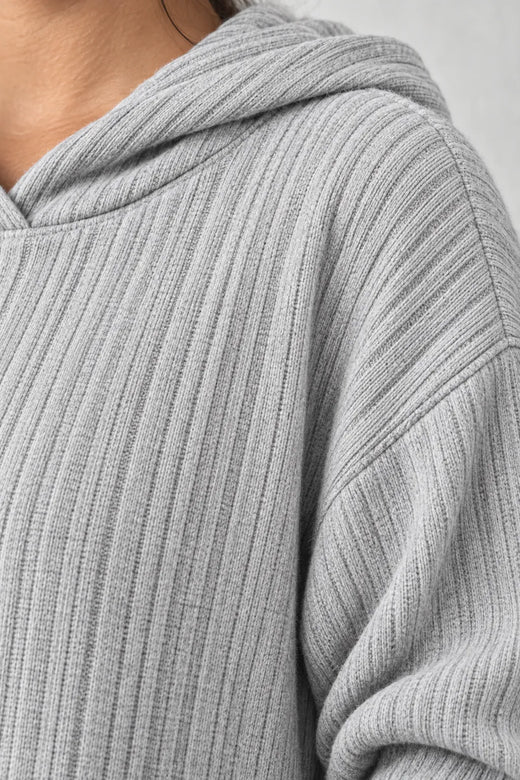 Women's Ribbed Hoodie Lounge Set - Longline Hooded Top & Leggings - Gray