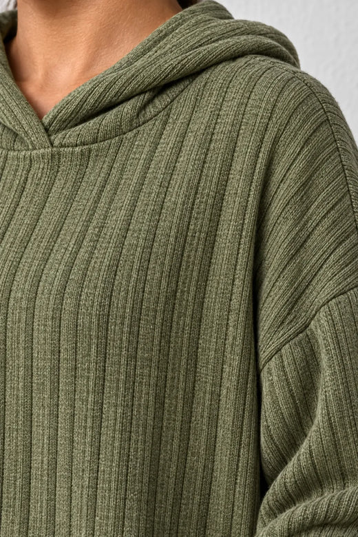 Women's Ribbed Hoodie Lounge Set - Longline Hooded Top & Leggings - Olive
