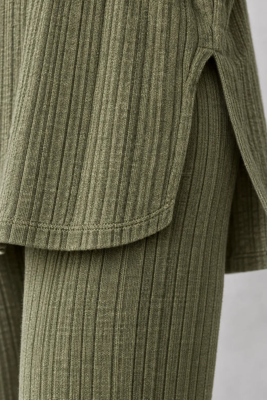 Women's Ribbed Hoodie Lounge Set - Longline Hooded Top & Leggings - Olive