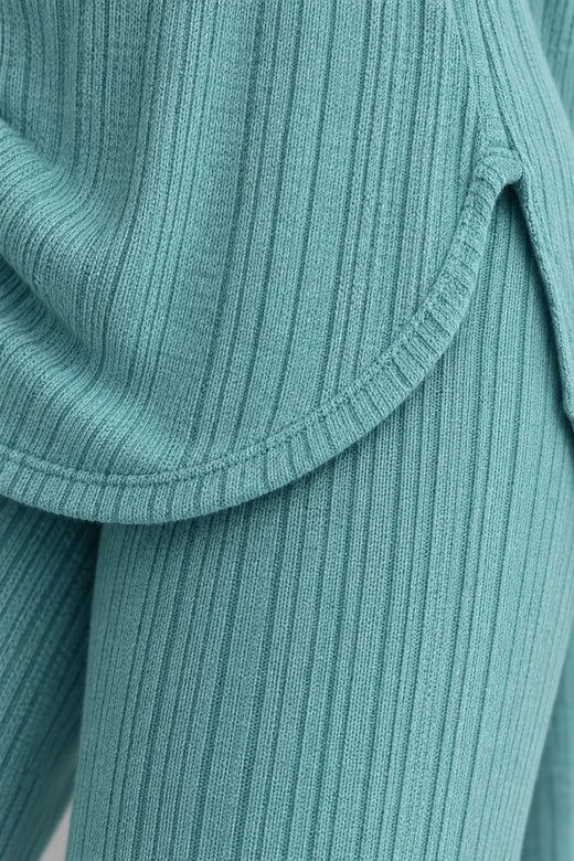 Women's Ribbed Hoodie Lounge Set - Longline Hooded Top & Leggings - Teal