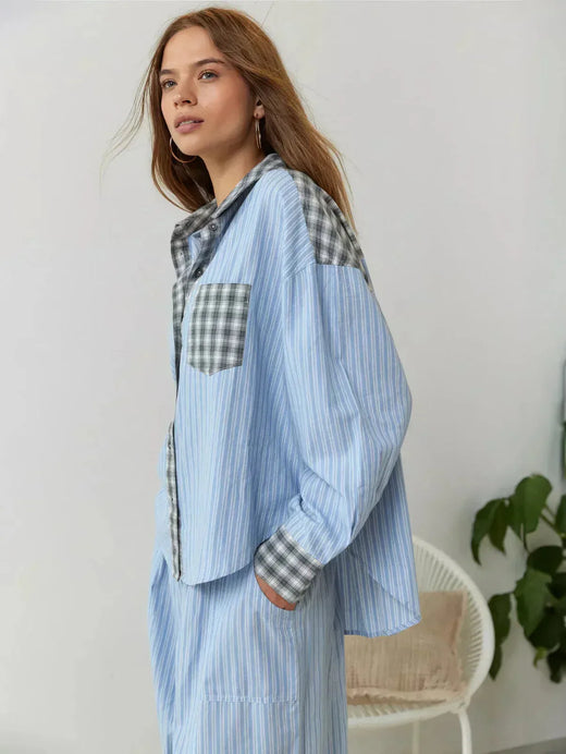 Women's Button-Front Pajama Set - Long Sleeve Shirt & Pants with Ankle Ties - Blue Stripe
