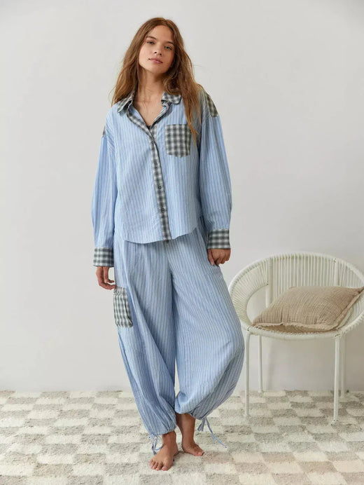 Women's Button-Front Pajama Set - Long Sleeve Shirt & Pants with Ankle Ties - Blue Stripe