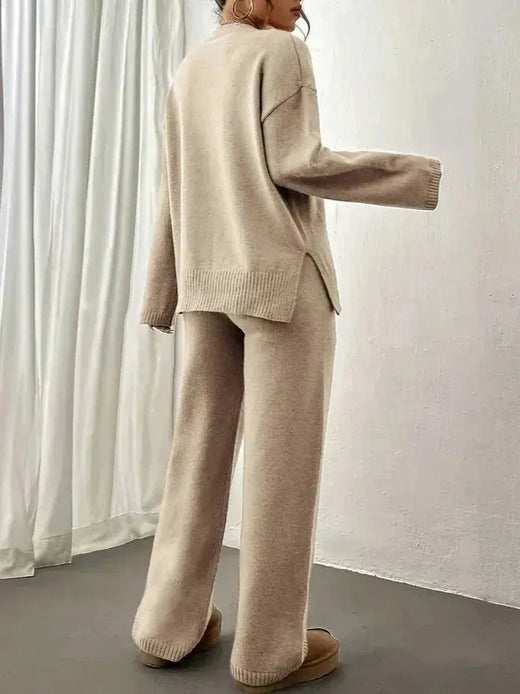 Women's Crewneck Knit Lounge Set - Side-Slit Sweater & Wide-Leg Pants - Beige