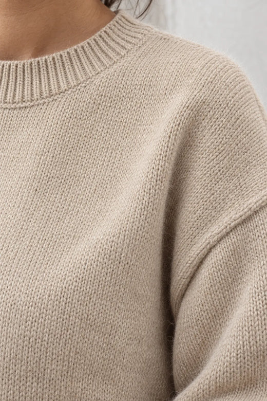 Women's Crewneck Knit Lounge Set - Side-Slit Sweater & Wide-Leg Pants - Beige