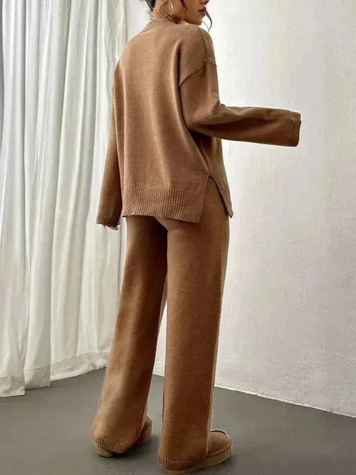 Women's Crewneck Knit Lounge Set - Side-Slit Sweater & Wide-Leg Pants - Camel