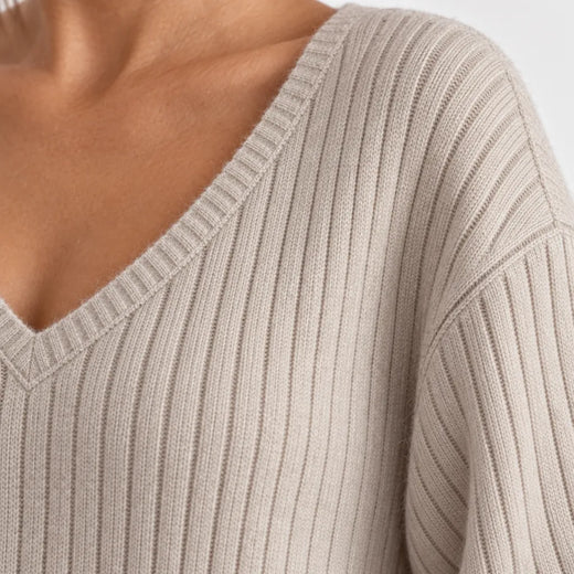 Women's Ribbed Knit Lounge Set - V-Neck Sweater & Wide-Leg Pants - Beige