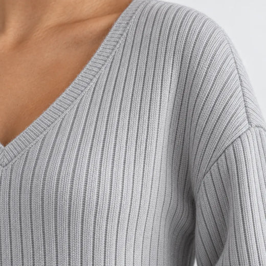 Women's Ribbed Knit Lounge Set - V-Neck Sweater & Wide-Leg Pants - Light Gray