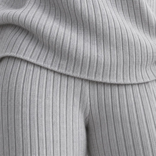Women's Ribbed Knit Lounge Set - V-Neck Sweater & Wide-Leg Pants - Light Gray