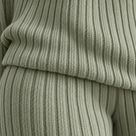 Women's Ribbed Knit Lounge Set - V-Neck Sweater & Wide-Leg Pants - Sage Green