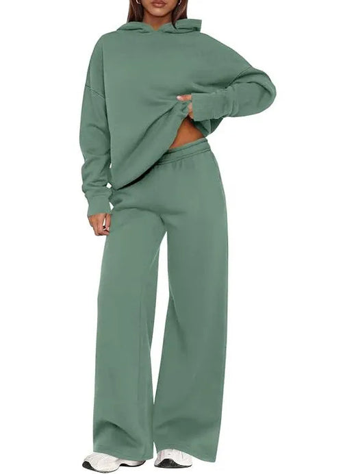 Women's Hoodie Lounge Set - Oversized Hoodie & Wide-Leg Sweatpants - Sage Green