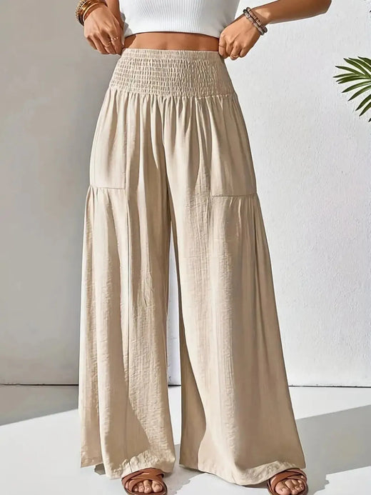 Women's Smocked Wide-Leg Pants - High Waist Lounge Pants with Pockets - Beige