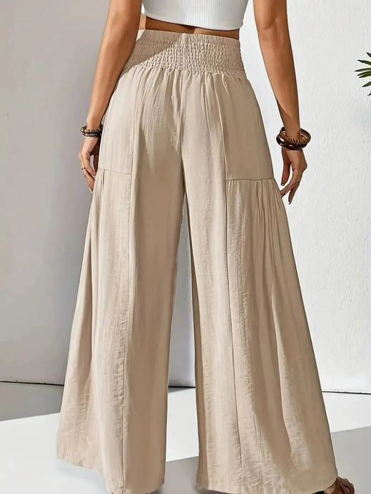 Women's Smocked Wide-Leg Pants - High Waist Lounge Pants with Pockets - Beige