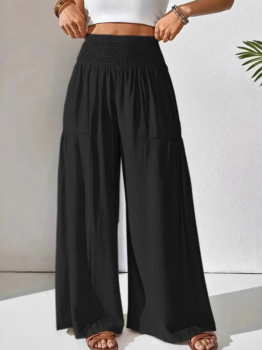 Women's Smocked Wide-Leg Pants - High Waist Lounge Pants with Pockets - Black