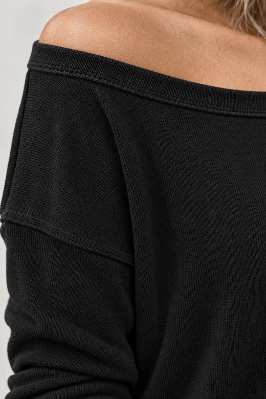 Women's Off-Shoulder Lounge Set - Long Sleeve Knit Top & Jogger Pants - Black