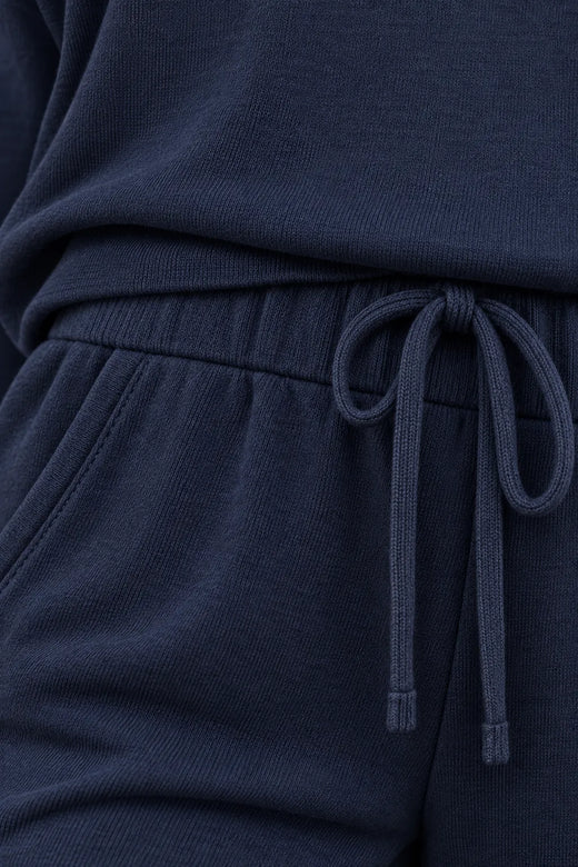Women's Off-Shoulder Lounge Set - Long Sleeve Knit Top & Jogger Pants - Navy