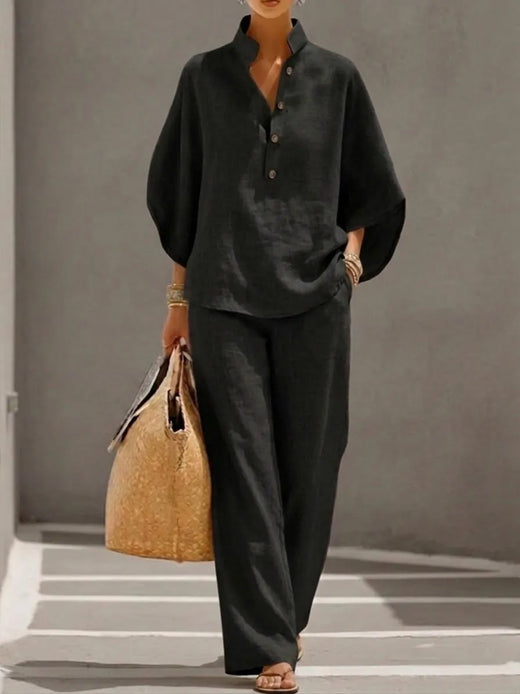 Women's Linen Set - Stand Collar Button Top & Wide-Leg Pants - Black