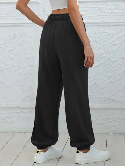 Women's Jogger Sweatpants - High Waist Baggy Lounge Pants with Pockets - Black