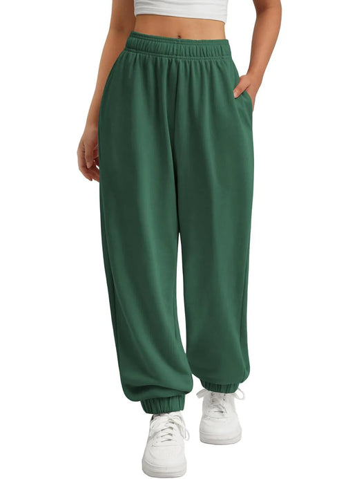 Women's Jogger Sweatpants - High Waist Baggy Lounge Pants with Pockets - Forest Green