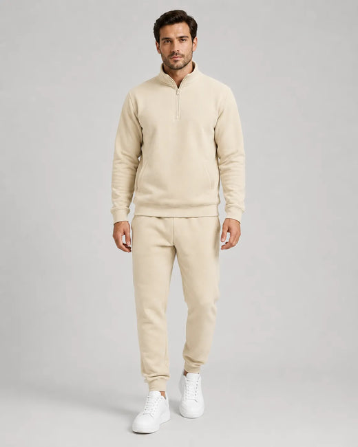 Men's Quarter-Zip Lounge Set - Brushed Fleece Pullover & Tapered Joggers - Beige