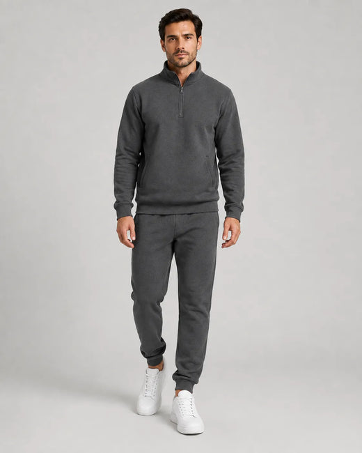 Men's Quarter-Zip Lounge Set - Brushed Fleece Pullover & Tapered Joggers - Charcoal
