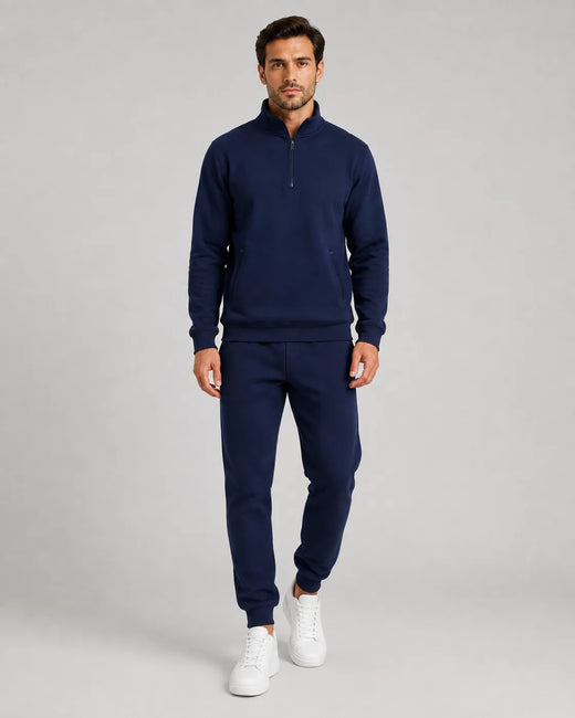 Men's Quarter-Zip Lounge Set - Brushed Fleece Pullover & Tapered Joggers - Navy