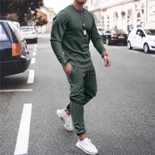 Men's Two-Piece Lounge Set - Long Sleeve Top & Tapered Joggers with Ribbed Cuffs - Forest Green