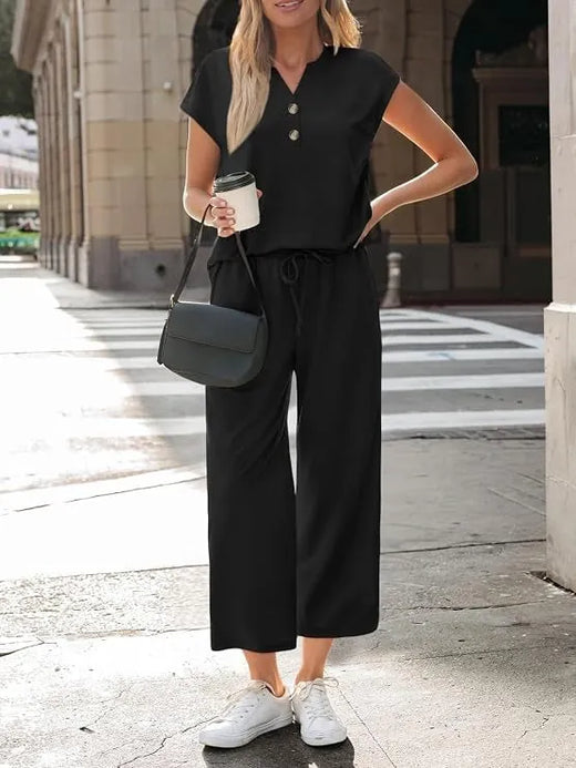 Women's Henley Lounge Set - Short Sleeve V-Neck Top & Cropped Wide-Leg Pants - Black