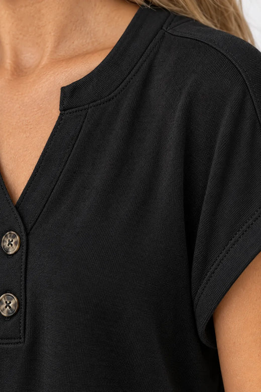 Women's Henley Lounge Set - Short Sleeve V-Neck Top & Cropped Wide-Leg Pants - Black