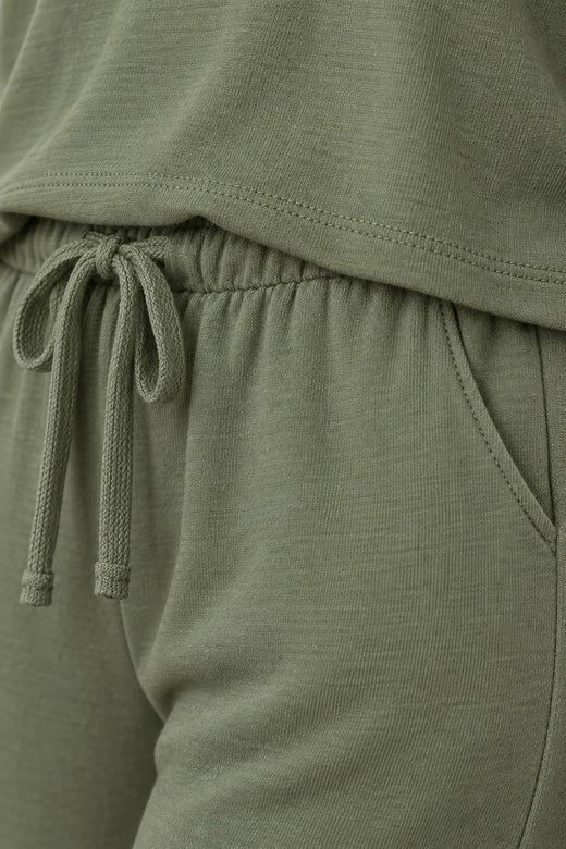 Women's Henley Lounge Set - Short Sleeve V-Neck Top & Cropped Wide-Leg Pants - Sage Green