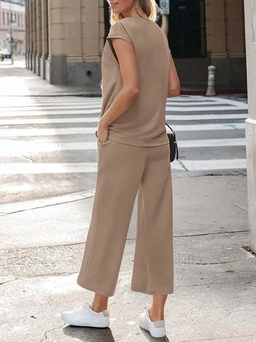 Women's Henley Lounge Set - Short Sleeve V-Neck Top & Cropped Wide-Leg Pants - Taupe