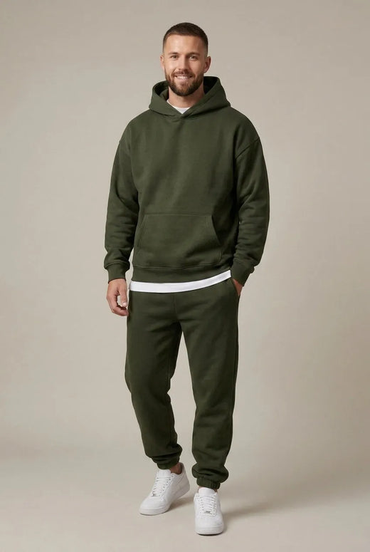 Men's Hoodie Lounge Set - Oversized Hoodie & Cuffed Joggers - Olive