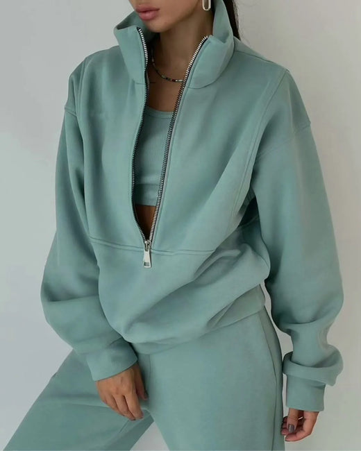 Women's Half-Zip Lounge Set - Oversized Sweatshirt & Tapered Joggers - Mint