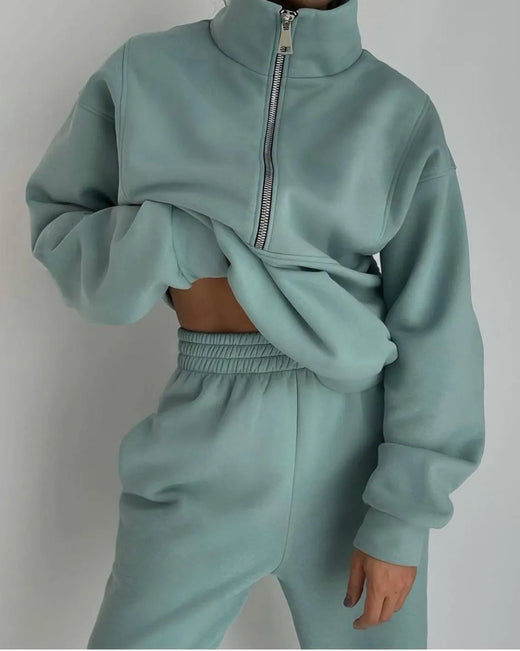 Women's Half-Zip Lounge Set - Oversized Sweatshirt & Tapered Joggers - Mint