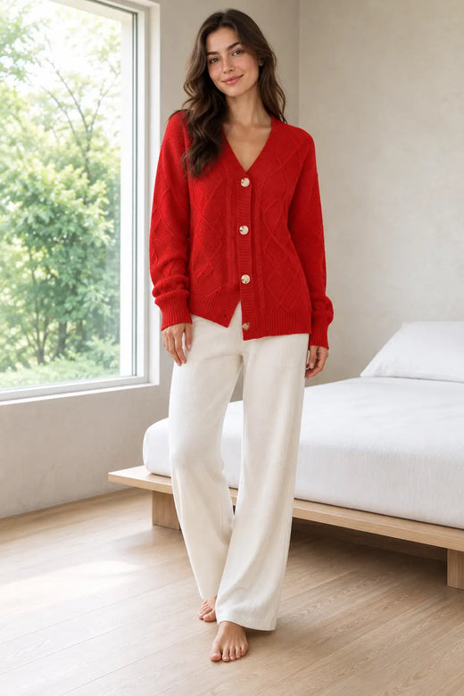 Button Front Cardigan - Women's V Neck Long Sleeve Textured Knit Cardigan - Red