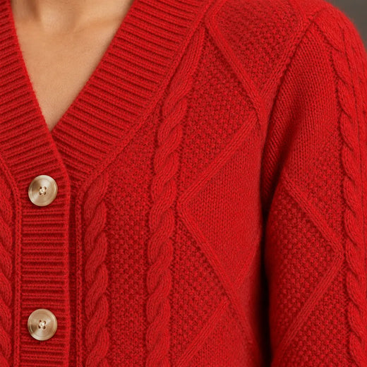 Button Front Cardigan - Women's V Neck Long Sleeve Textured Knit Cardigan - Red