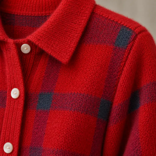 Button Front Cardigan - Women's Plaid Collared Long Sleeve Knit Cardigan - Red Plaid