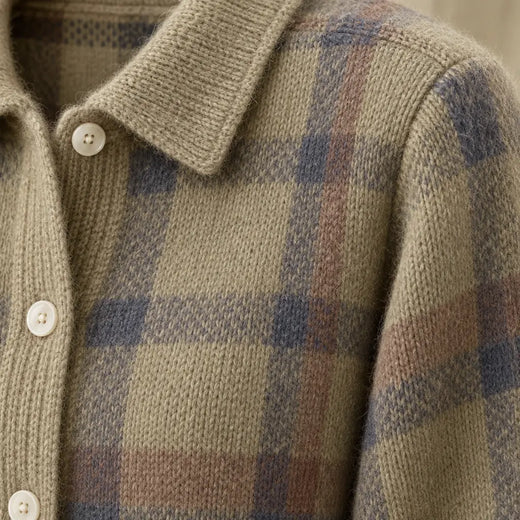 Button Front Cardigan - Women's Plaid Collared Long Sleeve Knit Cardigan - Taupe Plaid