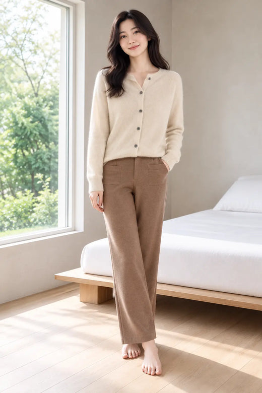 Button Front Cardigan - Women's Crew Neck Long Sleeve Knit Cardigan - Khaki
