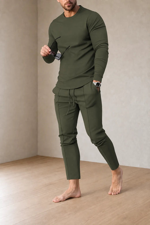 Men's Crew Neck Lounge Set - Long Sleeve Top & Jogger Pants - Olive